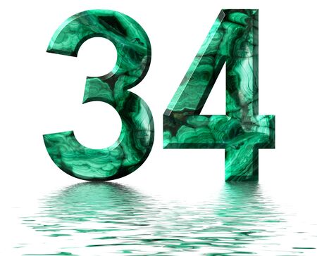 Arabic numeral 34, thirty four, from natural green malachite, reflected on the water surface, isolated on white, 3d renderの写真素材