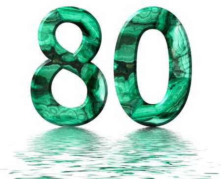 Arabic numeral 80, eighty, from natural green malachite, reflected on the water surface, isolated on white, 3d renderの写真素材