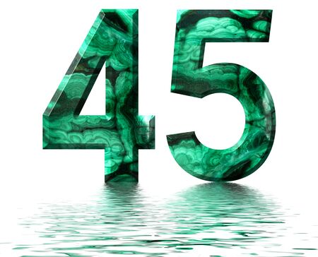 Arabic numeral 45, forty five, from natural green malachite, reflected on the water surface, isolated on white, 3d renderの写真素材