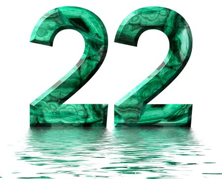 Arabic numeral 22, twenty two, from natural green malachite, reflected on the water surface, isolated on white, 3d renderの写真素材