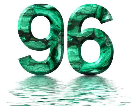 Arabic numeral 96, ninety six, from natural green malachite, reflected on the water surface, isolated on white, 3d renderの写真素材
