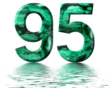 Arabic numeral 95, ninety five, from natural green malachite, reflected on the water surface, isolated on white, 3d renderの写真素材