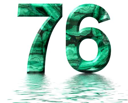 Arabic numeral 76, seventy six, from natural green malachite, reflected on the water surface, isolated on white, 3d renderの写真素材