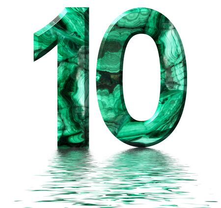 Arabic numeral 10, ten, from natural green malachite, reflected on the water surface, isolated on white, 3d renderの写真素材