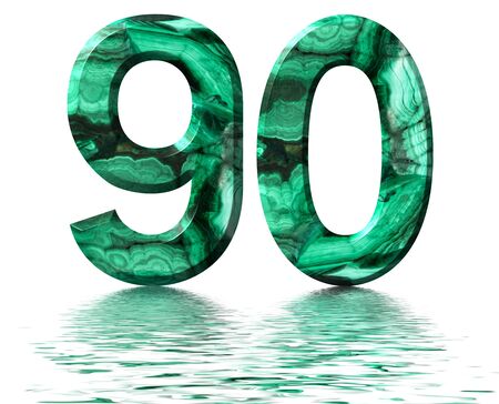 Arabic numeral 90, ninety, nine, from natural green malachite, reflected on the water surface, isolated on white, 3d renderの写真素材
