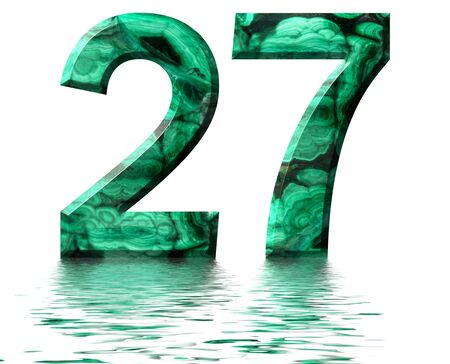 Arabic numeral 27, twenty seven, from natural green malachite, reflected on the water surface, isolated on white, 3d renderの写真素材