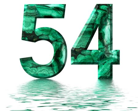 Arabic numeral 54, fifty four, from natural green malachite, reflected on the water surface, isolated on white, 3d renderの写真素材