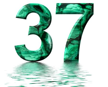 Arabic numeral 37, thirty seven, from natural green malachite, reflected on the water surface, isolated on white, 3d renderの写真素材