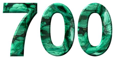 Arabic numeral 700, seven hundred, from natural green malachite, isolated on white backgroundの写真素材