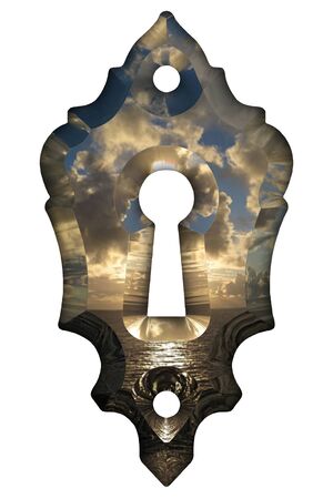 The keyhole, decorative design element, imitation of sea landscape, isolated on white background, 3d renderの写真素材