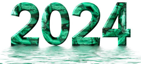Inscription 2024 from natural green malachite, reflected on the water surface, isolated on white, 3d...