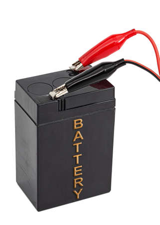 Acid rechargeable battery pack with the inscription "Battery" and with wires connected to pins, isolated on white backgroundの写真素材