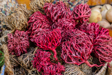 Close up of baskets of spices market, Egypt.