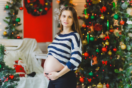 Happy pregnant woman posing. Christmas concept happy pregnancyの写真素材