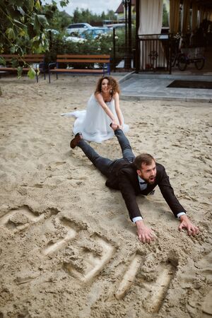parody and funny bride and groom. Happy wedding dayの写真素材