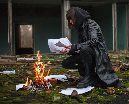 Woman in a black leather coat on the background of a destroyed and abandoned residential building burns paper documentsの写真素材