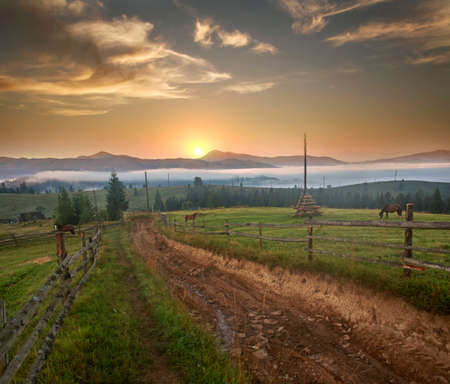 Original rural settlement high in the mountains, a farm with horses, a road leading to the hills in the morning fog on the background of a magnificent dawnの写真素材