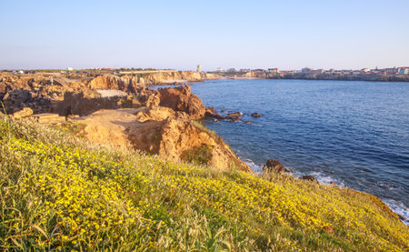 Sunny rocky coastline of the Atlantic Ocean in the rays of the setting sun, Papoa Island, Peniche,...