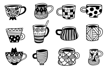 Coffee cup doodle icons set. hand drawn vector illustration.のイラスト素材