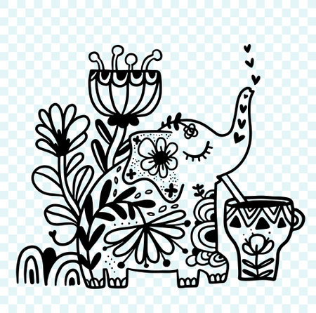 Hand drawn vector illustration with cute elephant, flowers and leaves. Doodle style.のイラスト素材