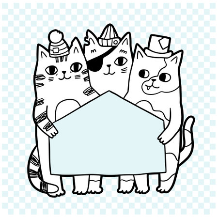 Cute cats with blank banner. Vector illustration in doodle style.のイラスト素材