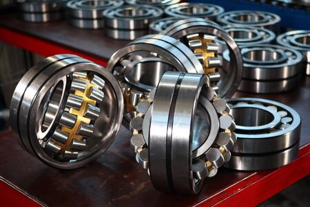 Photos at the factory.Steel bearings in production. Finished products. iew from above.の写真素材