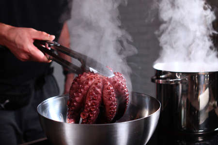 Boiled octopus is taken out of the pan. The whole carcass of an octopus. Pot of hot water in the kitchen. Unrecognizable photo. Copy space.の写真素材