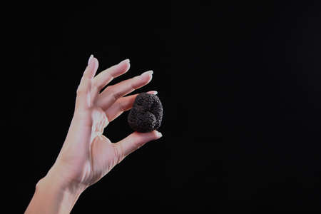 Black truffle in a woman's hand. The season of truffles. Exquisite and fragrant mushroom....