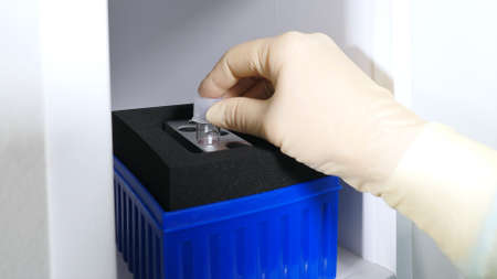 Doctor's hand in a protective glove places a test tube with liquid in a rack. Close-up. Clinical...