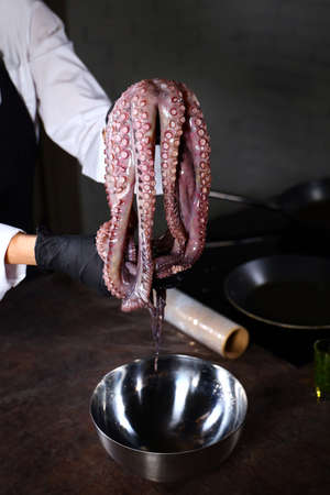 The cook holds a whole octopus in his hands. Cooking octopus. An unrecognizable person. Seafood dishes. Protein food.Vertical photo inside the room.の写真素材
