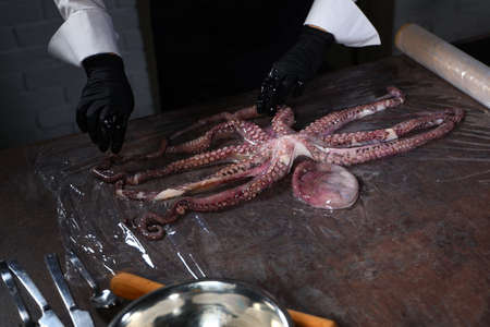 There is a whole octopus on the table. The chef starts cooking the octopus. Seafood dishes. Protein food.An unrecognizable person.の写真素材