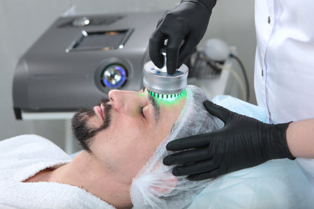 Man doing a facial treatment in a cosmetology clinic. Mens cosmetology. A man in a cosmetology...
