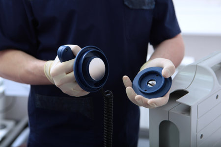 Small size electrodes for resuscitation of children.Preparation for defibrillation.Electrodes are in...
