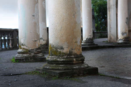Architectural columns with traces of destruction and overgrown with moss. Mold and moss on old, abandoned architectural columns. Abandoned architectural structures. Decline and neglect.の写真素材