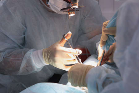 The work of dentists in operating room. Modern dentistry. Installation of implants. Extraction of teeth under general anesthesia.の写真素材