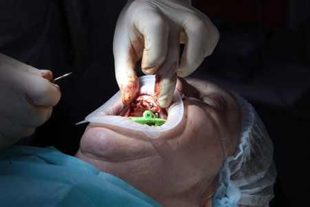Extraction of teeth in a dental clinic under general anesthesia. Modern dentistry. Installation of dental implants. Blood on gloves. The patient is an elderly woman. Close-up.の写真素材