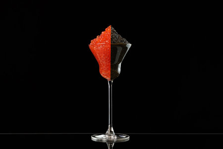 Black and red caviar in one glass. A symbol of wealth and prosperity. Caviar on a black background. An exquisite snack. Space for text.の写真素材