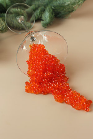 Red caviar splashed out of a glass wine glass. Spruce branches in the background. Salmon caviar. Delicacies. A festive snack. Useful omega.の写真素材