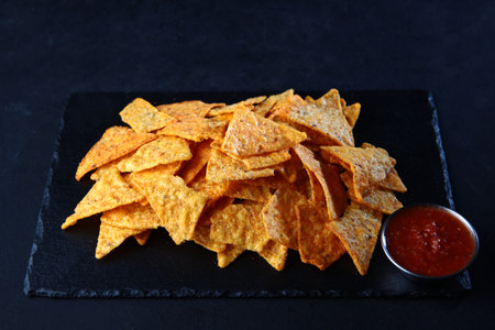 Triangular shaped chips with sauce. Corn chips. Fast food. Appetizer for beer. Photo on a black...