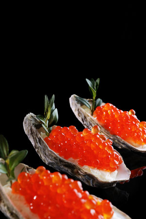 Red caviar.The caviar is in the oyster flaps. Black background. Vertical photo.の写真素材