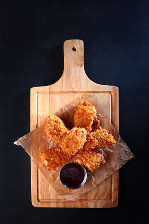 Grilled chicken wings. Snack for beer. Teriyaki sauce. Serving on a wooden board. Vertical photo.Flat lay.Top view.Copy space.の写真素材