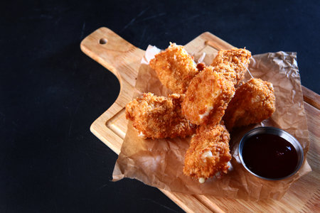 Chicken wings in batter. Appetizer for beer. Teriyaki sauce. Wings on a wooden board. Appetizer for beer.の写真素材
