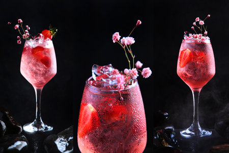 Photo collage with a pink cocktail. Strawberry-based cocktail. Alcoholic cocktail with strawberry slices.の写真素材