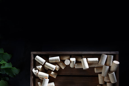 Corks for wine bottles. The corks are in a wooden box.Flat lay. Top view. Copy space.