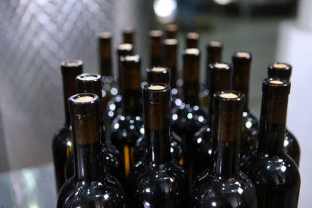 Bottles of wine without labels. Young wine is bottled. Craft winery. Large number of bottles of wine.の写真素材
