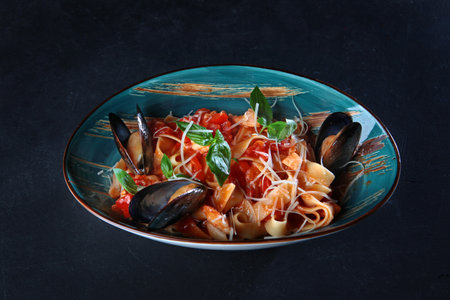Italian pasta with mussels. Seafood with cheese and tomatoes. Basil leaf.Dark background. Copy space.の写真素材