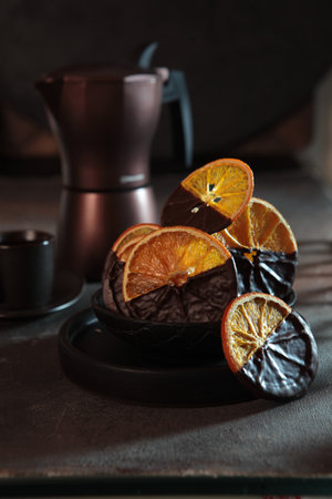 Orange slices in chocolate. Snack of dried orange slices. Dried orange slices.Sweet dessert.の写真素材