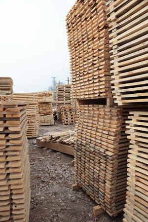 Wooden pallets. Pallets for transportation of building materials. Pallets made of wood.の写真素材