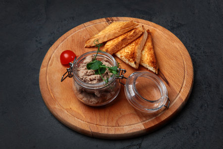 Homemade pate or mousse made from turkey or chicken liver in a glass jar. Baguette slices. Cherry...