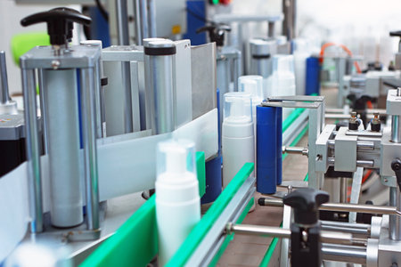 Production of cosmetics and skin care products. A white plastic bottle is moving along a conveyor belt. A capping and labeling machine.の写真素材